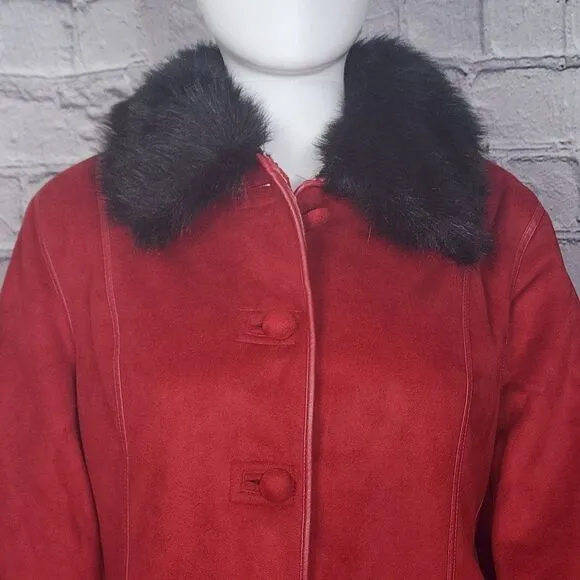 Anne Klein Red Faux Fur Lined Coat with Faux Fur Collar, Women's Small NWT
