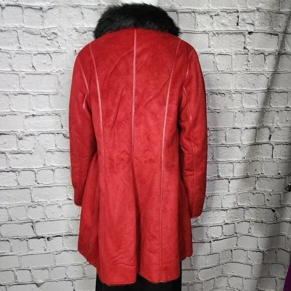 Anne Klein Red Faux Fur Lined Coat with Faux Fur Collar, Women's Small NWT