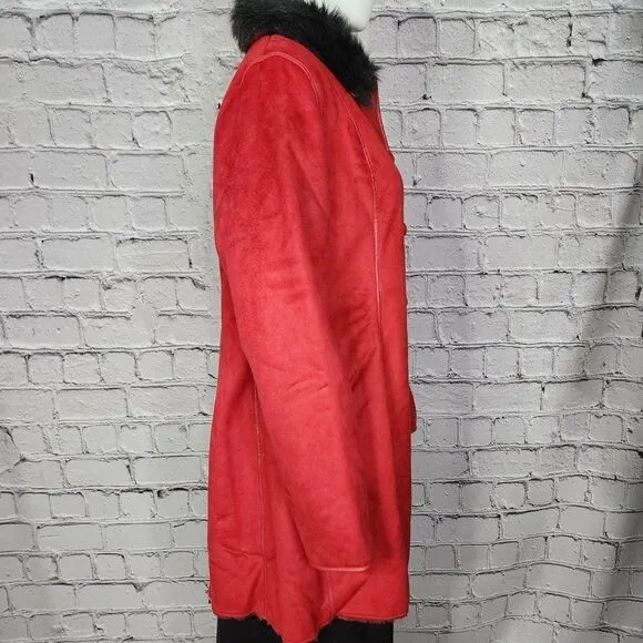 Anne Klein Red Faux Fur Lined Coat with Faux Fur Collar, Women's Small NWT