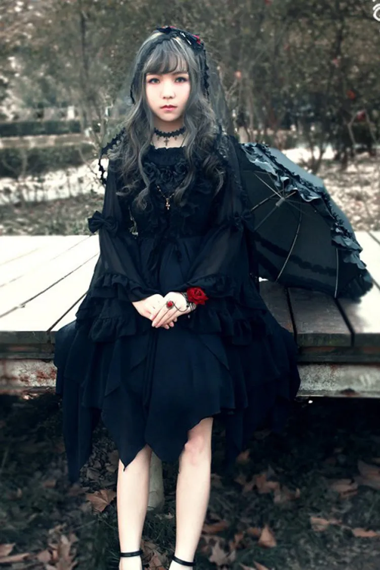 [Ballet of the Dead] Double-Layered Embroidery Lace-Up Gothic Lolita Jsk Dress (Cape Included)