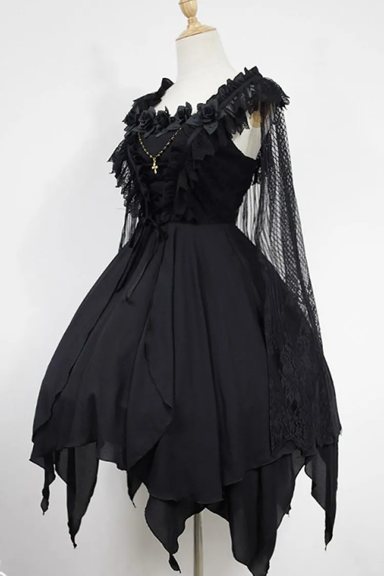 [Ballet of the Dead] Double-Layered Embroidery Lace-Up Gothic Lolita Jsk Dress (Cape Included)
