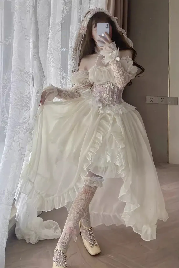 Ballet Twins Ruffle Bowknot Short Front Long Back Sweet Lolita Dress 2 Colors