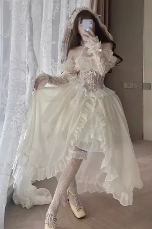 Ballet Twins Ruffle Bowknot Short Front Long Back Sweet Lolita Dress 2 Colors