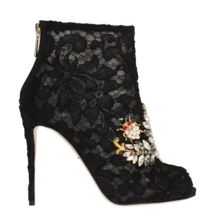Black Crystal Lace Booties Stilettos Shoes