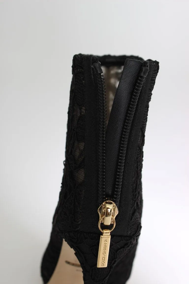 Black Crystal Lace Booties Stilettos Shoes