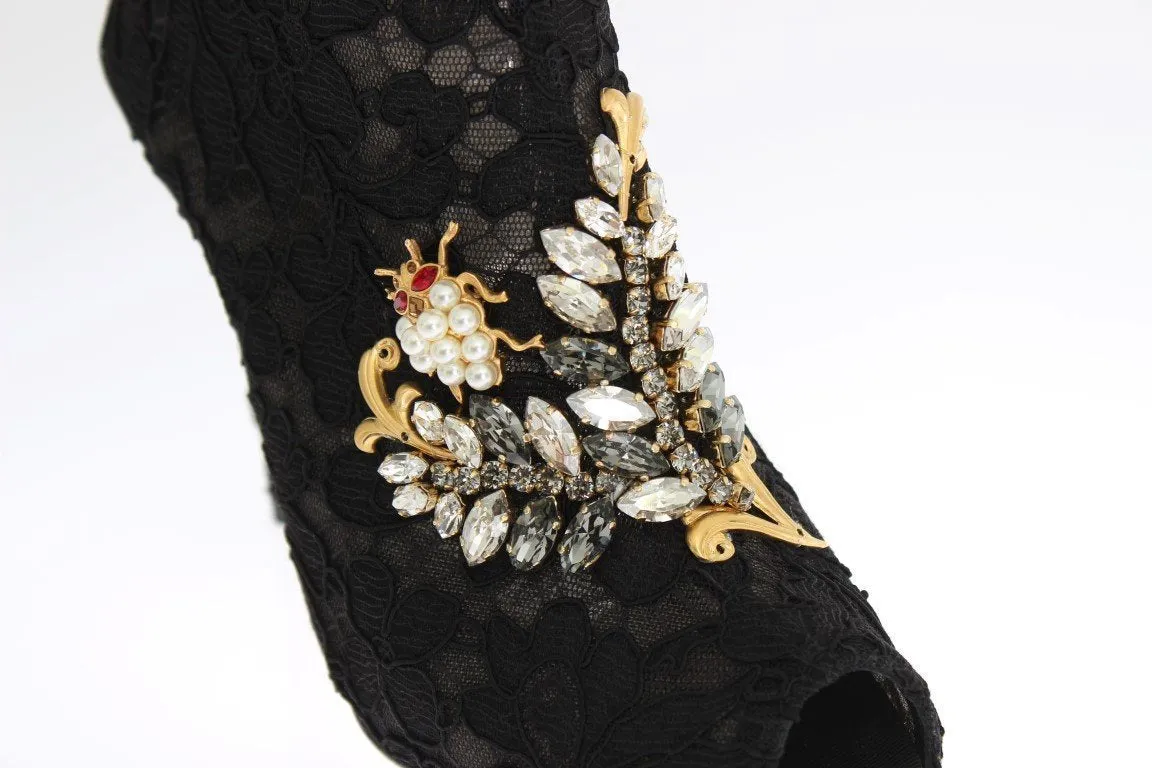 Black Crystal Lace Booties Stilettos Shoes