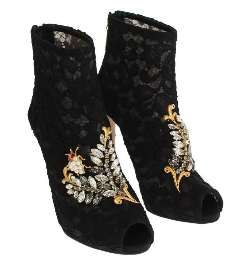 Black Crystal Lace Booties Stilettos Shoes