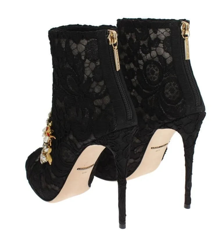 Black Crystal Lace Booties Stilettos Shoes