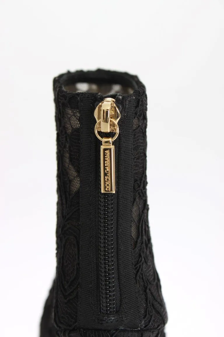 Black Crystal Lace Booties Stilettos Shoes