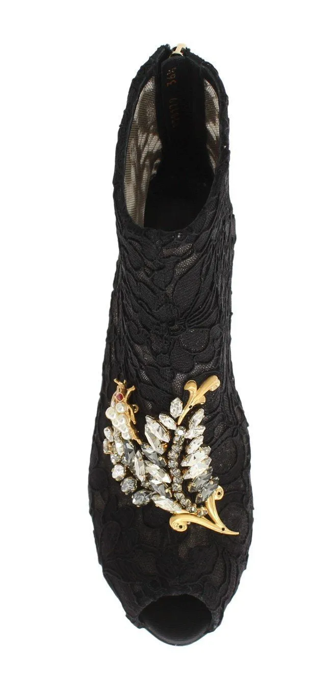 Black Crystal Lace Booties Stilettos Shoes