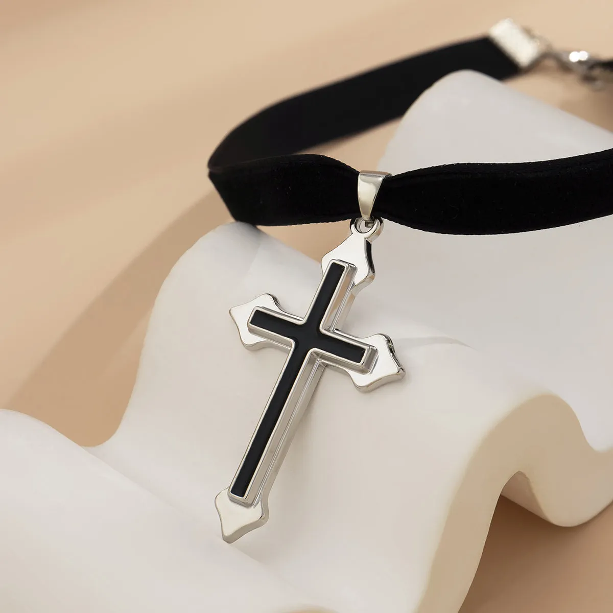 Black Enamel & Silver-Plated Cross Pendant Choker Necklace