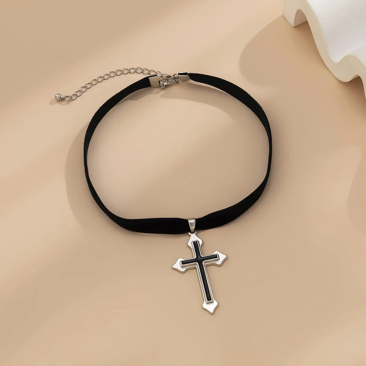 Black Enamel & Silver-Plated Cross Pendant Choker Necklace