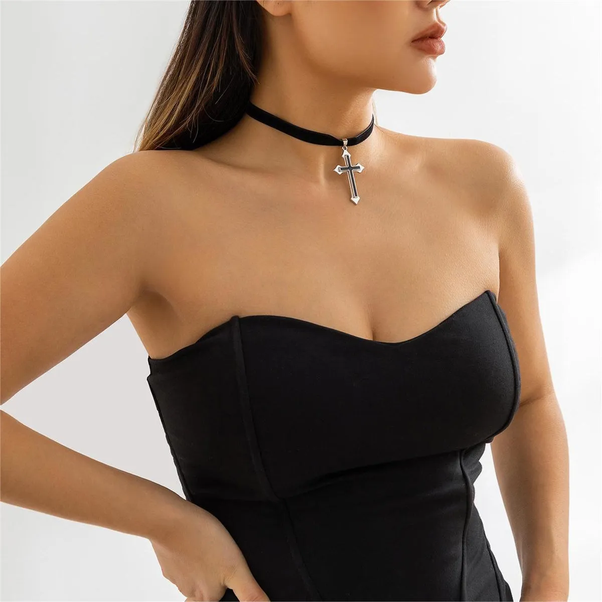 Black Enamel & Silver-Plated Cross Pendant Choker Necklace