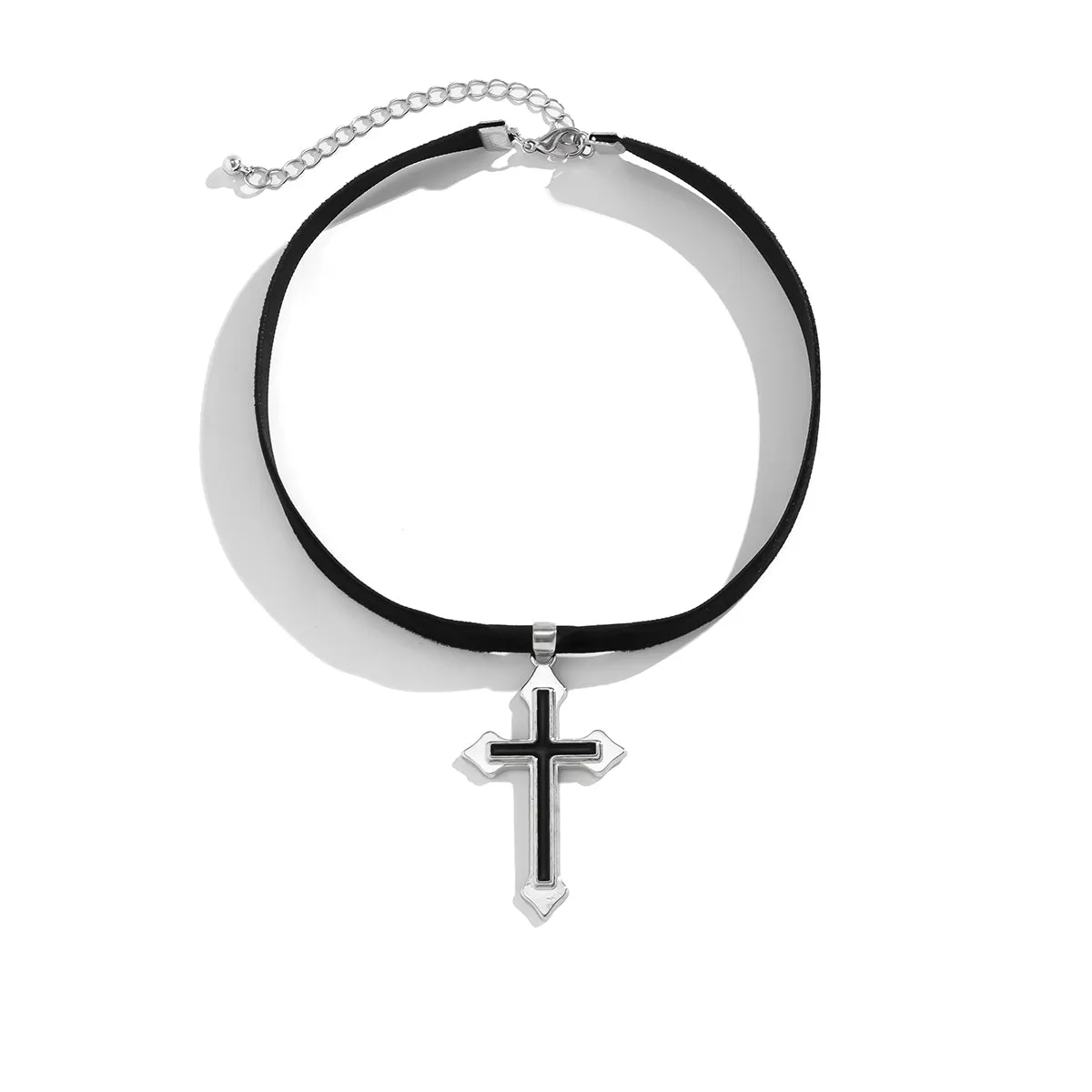 Black Enamel & Silver-Plated Cross Pendant Choker Necklace