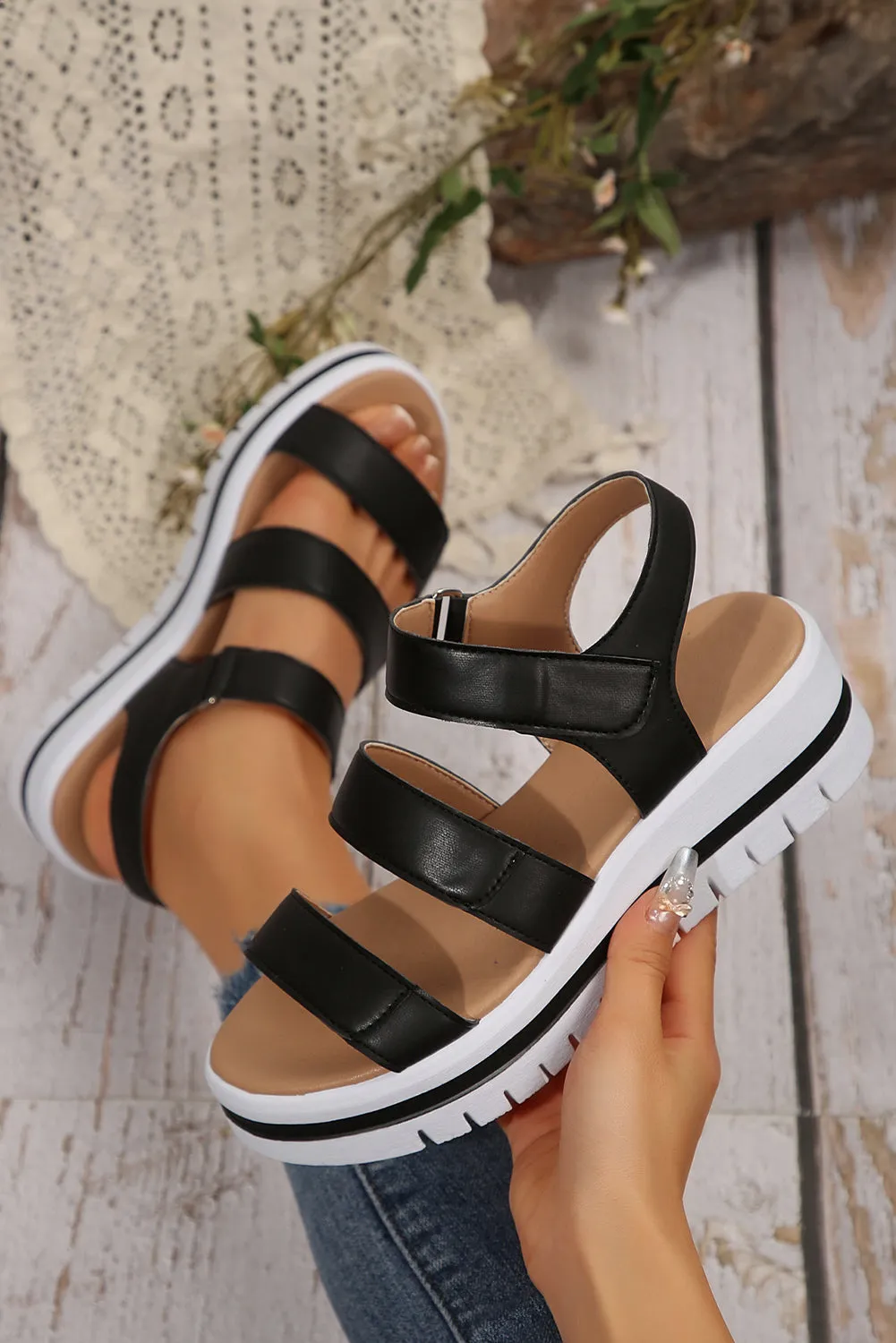 Black Hollow Out Buckle Leather Platform Sandals