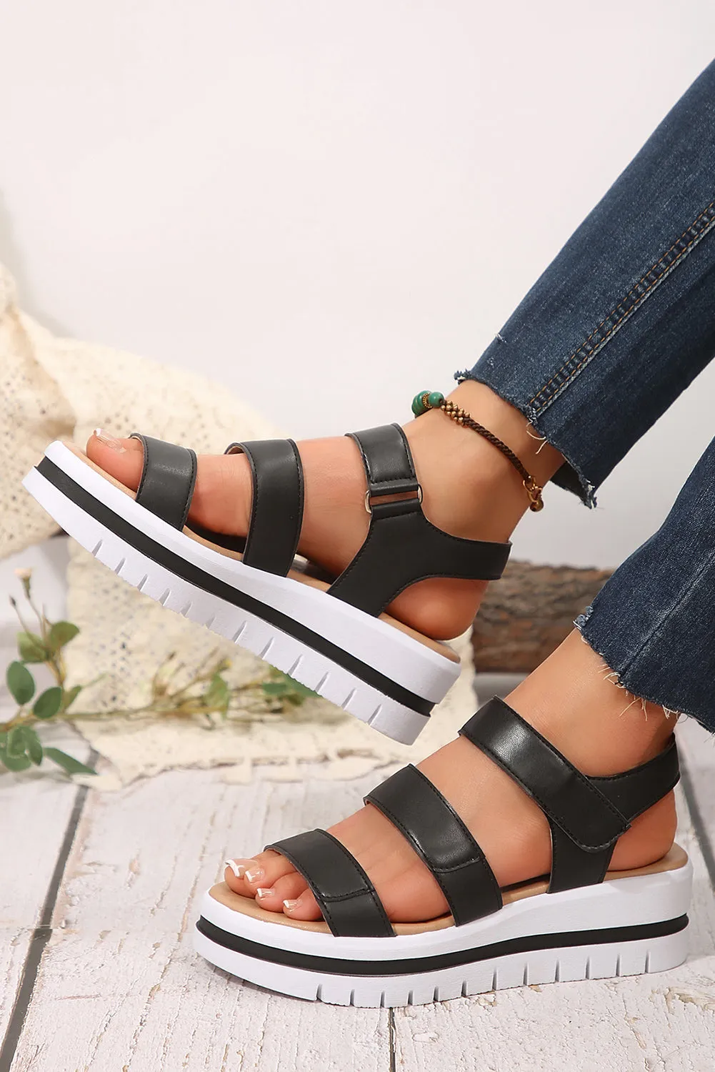 Black Hollow Out Buckle Leather Platform Sandals
