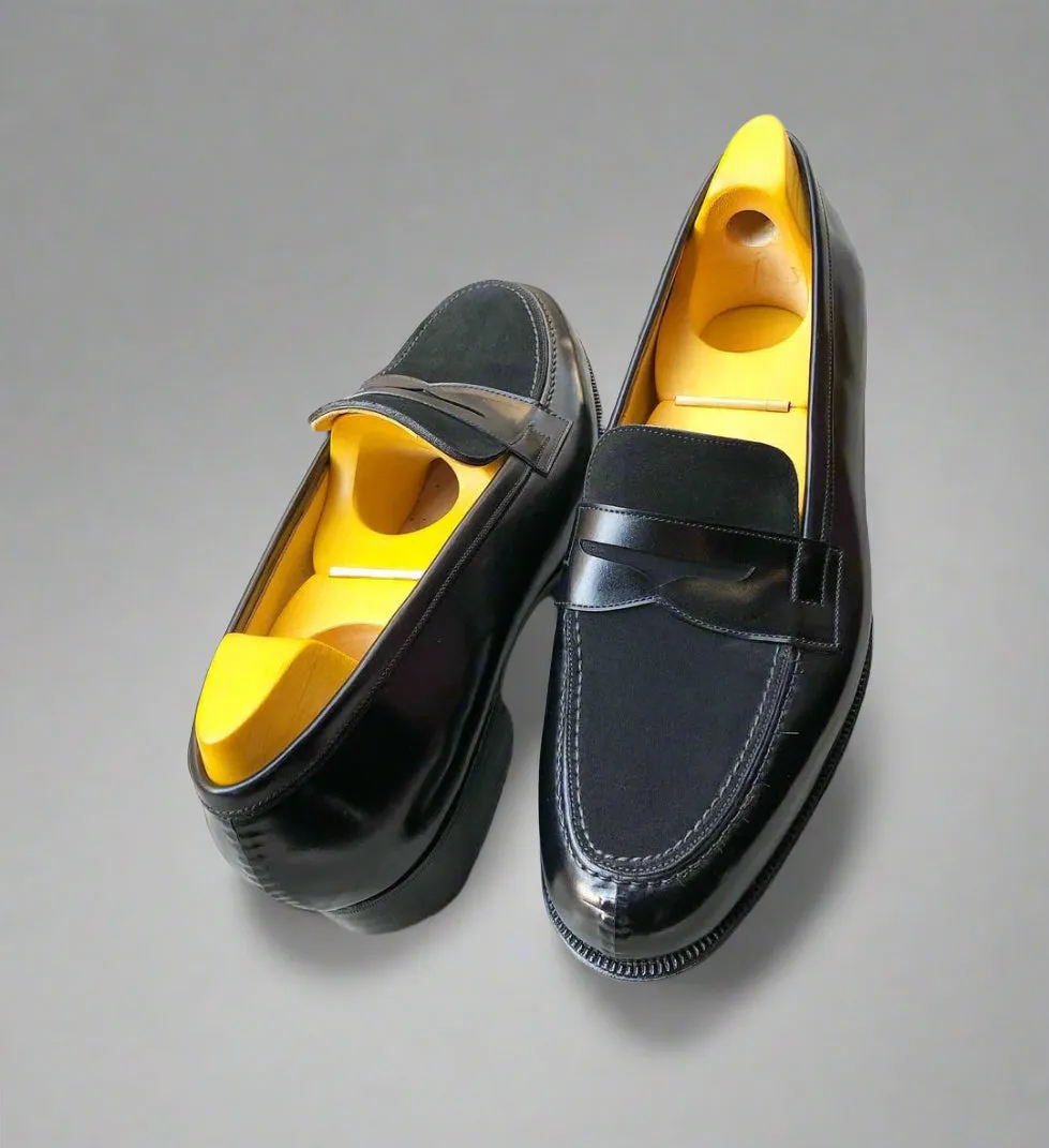 Black Italian Leather And Suede Leather Penny Loafers - Loafers Shoes - ITAXL02