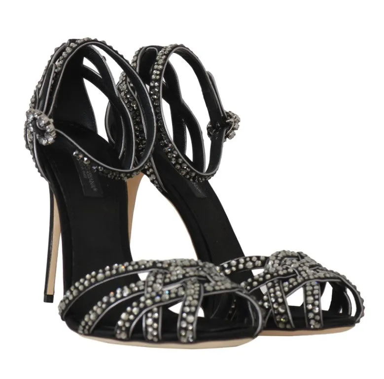 Black Leather Crystal Stilettos