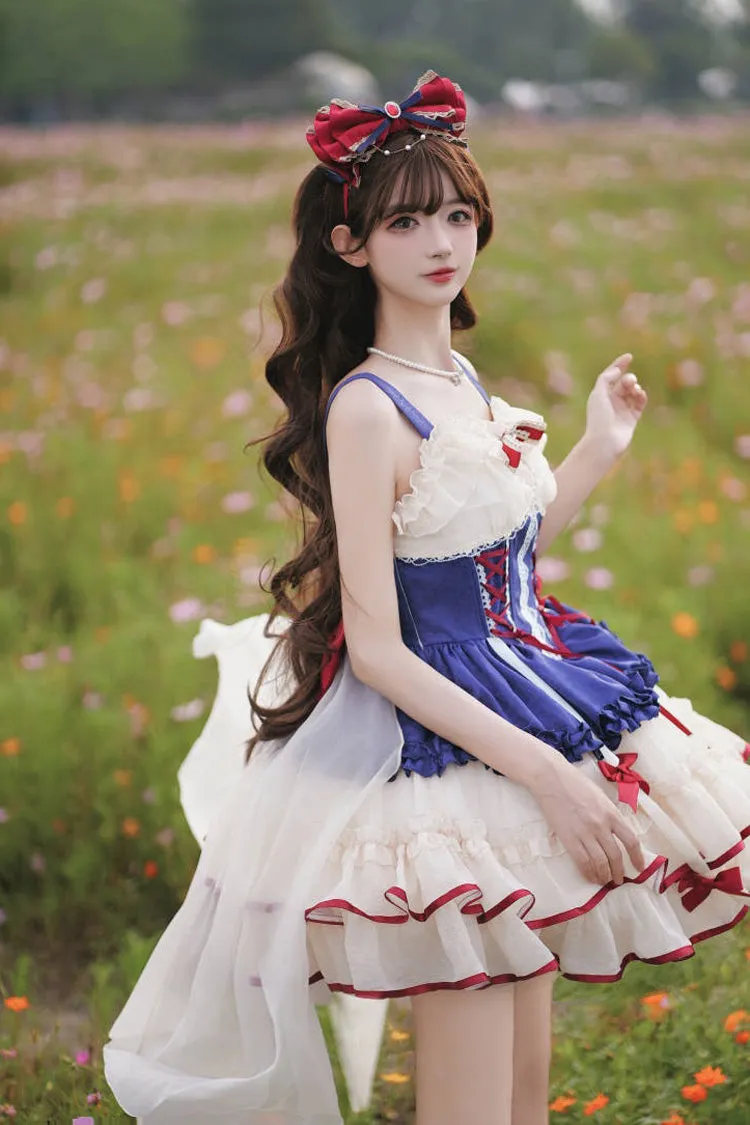 Blue/Ivory [Dance of Time] Snow White Triple-Layered Ballet Style Bowknot Lace-Up Sweet Lolita Jsk Dress