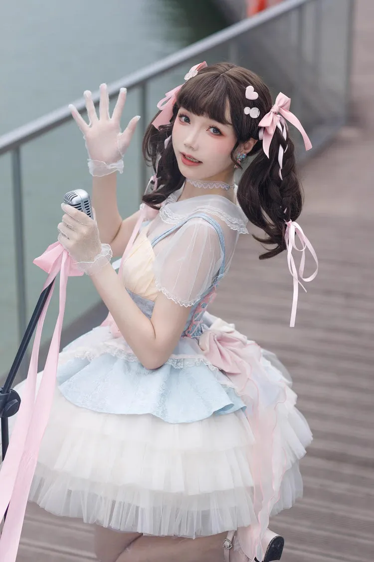 Blue/Pink Rose Peach Wine Sleeveless Multi-layer Ballet Style Sweet Lolita Jsk Dress