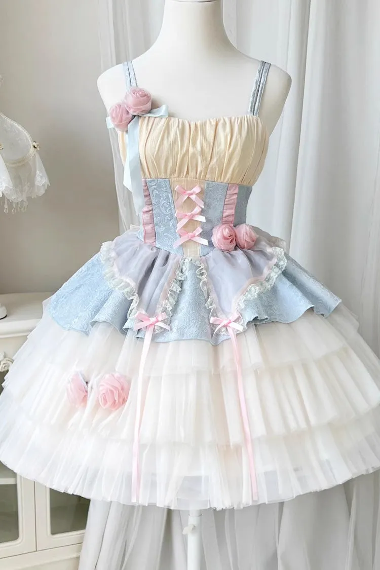 Blue/Pink Rose Peach Wine Sleeveless Multi-layer Ballet Style Sweet Lolita Jsk Dress