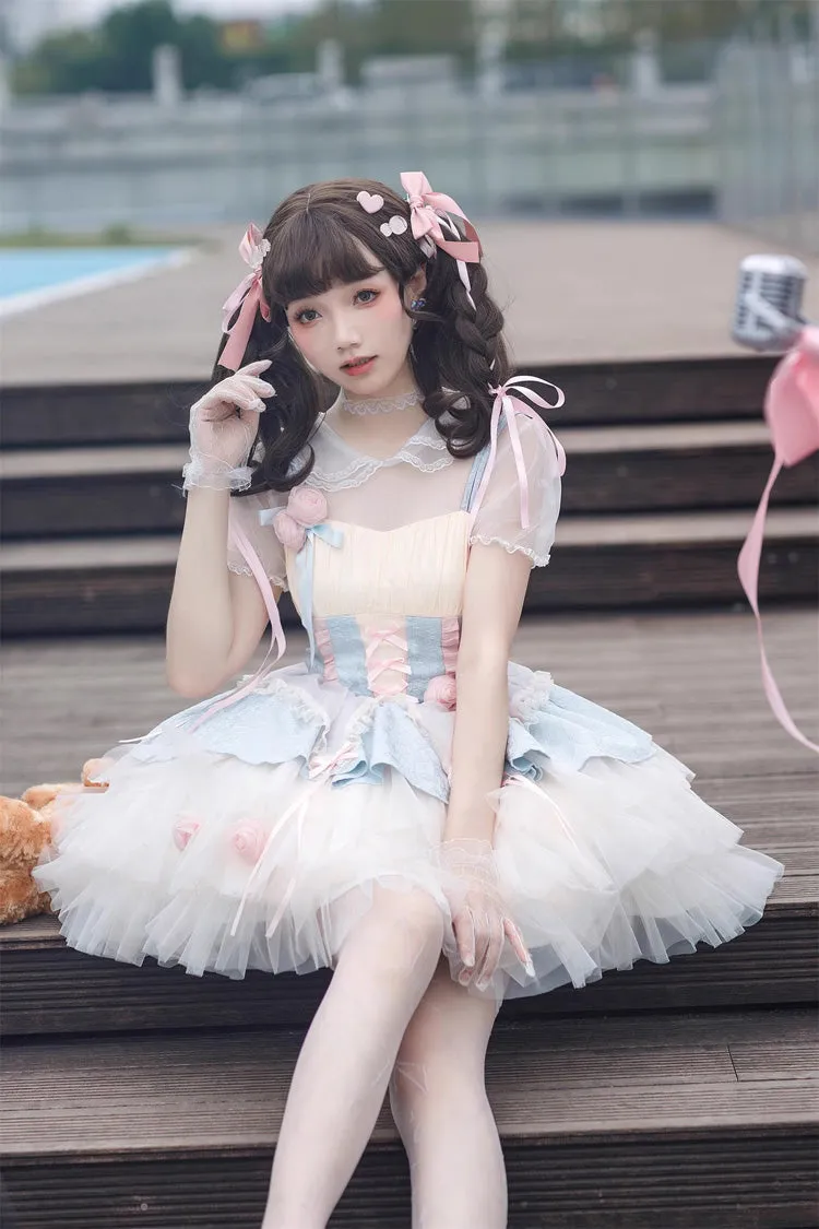 Blue/Pink Rose Peach Wine Sleeveless Multi-layer Ballet Style Sweet Lolita Jsk Dress