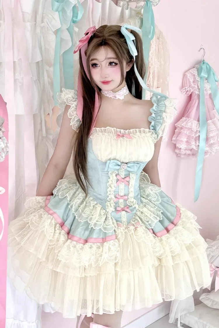 Blue/White [Girly Scent] Triple-Layered Ruffle Bowknot Lace Sweet Ballet Lolita Dress