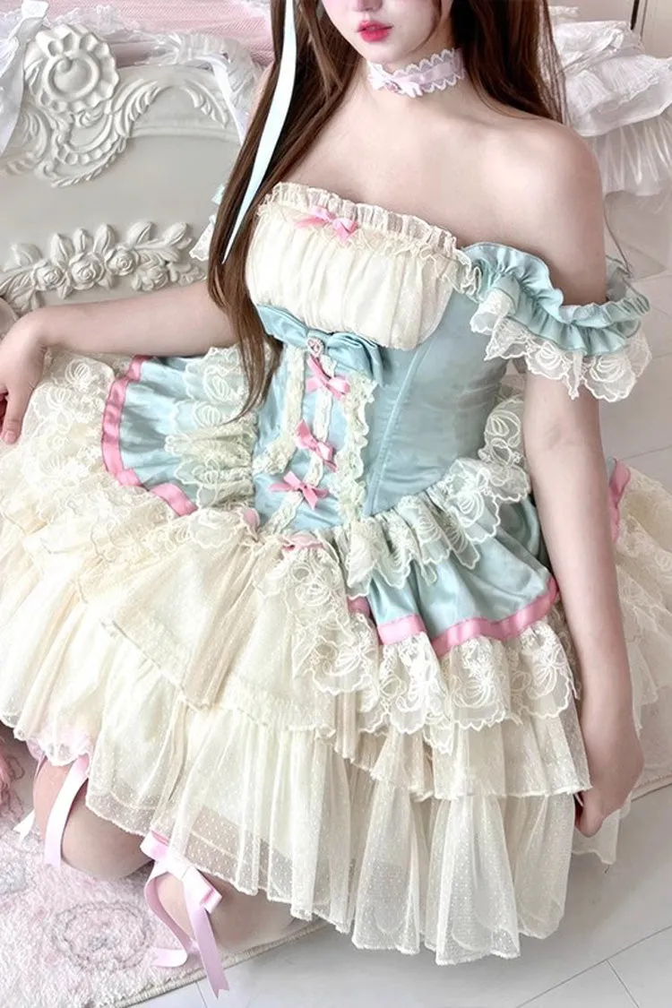 Blue/White [Girly Scent] Triple-Layered Ruffle Bowknot Lace Sweet Ballet Lolita Dress