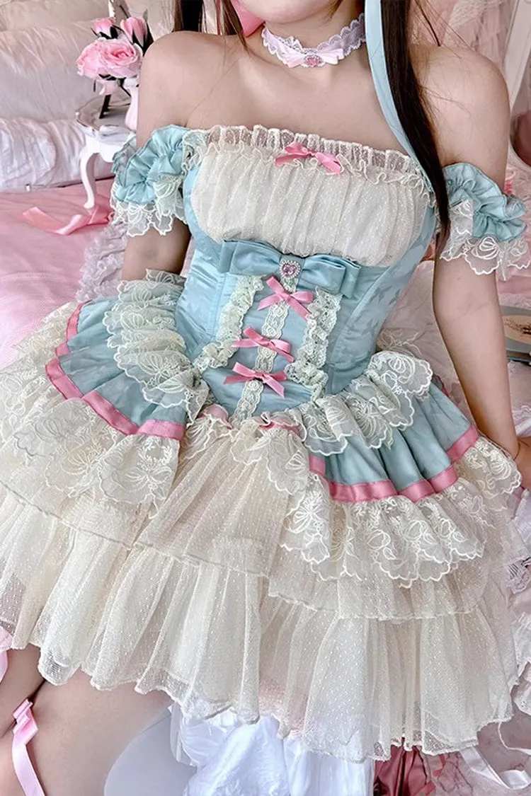 Blue/White [Girly Scent] Triple-Layered Ruffle Bowknot Lace Sweet Ballet Lolita Dress