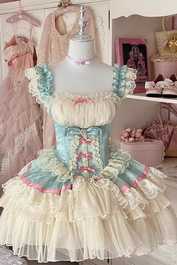 Blue/White [Girly Scent] Triple-Layered Ruffle Bowknot Lace Sweet Ballet Lolita Dress