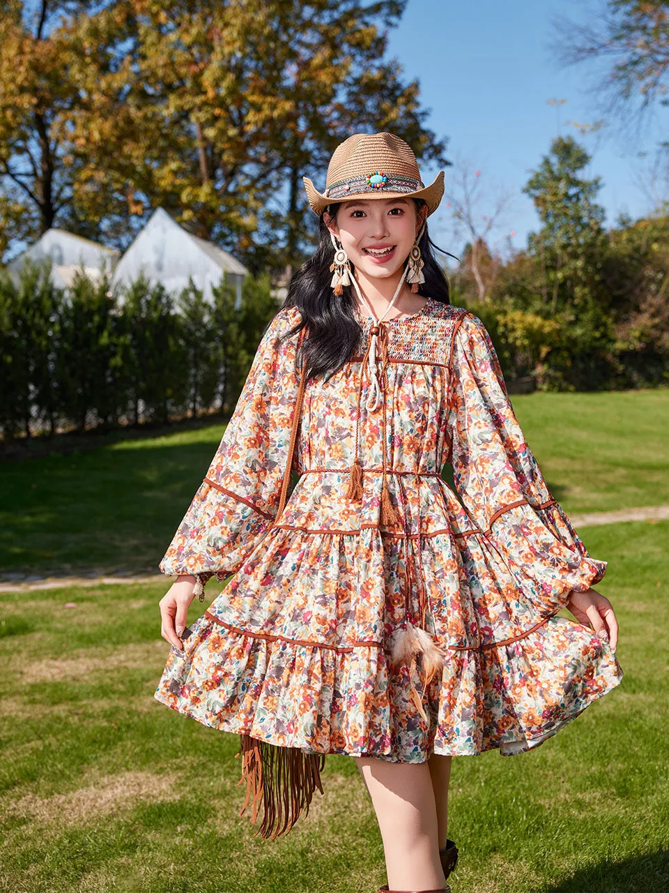 Bohemian Orange Printed Long-sleeved Mini Dress with Suede Embroidered Vest Boho Suit
