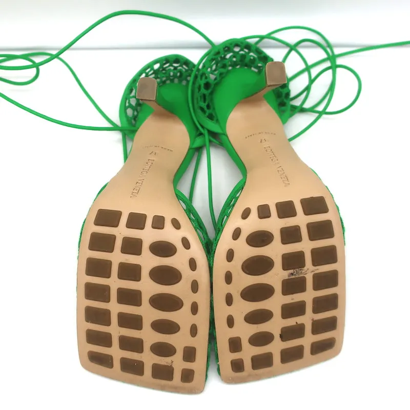 Bottega Veneta Stretch Ankle Tie Sandals Green Mesh & Leather Size 37