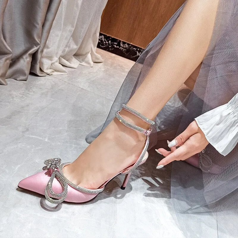bow rhinestone stiletto high heels hollow word strap women's shoes