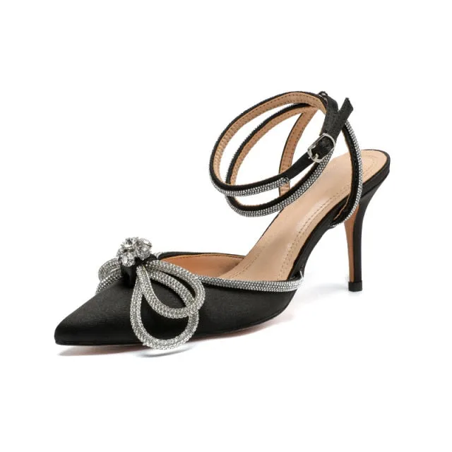 bow rhinestone stiletto high heels hollow word strap women's shoes
