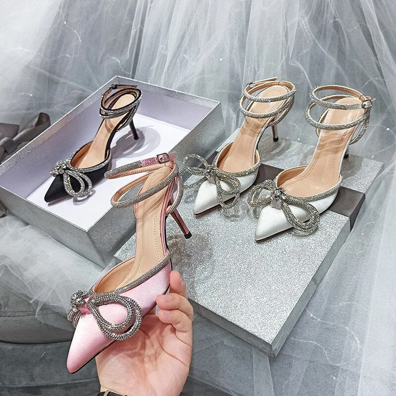 bow rhinestone stiletto high heels hollow word strap women's shoes