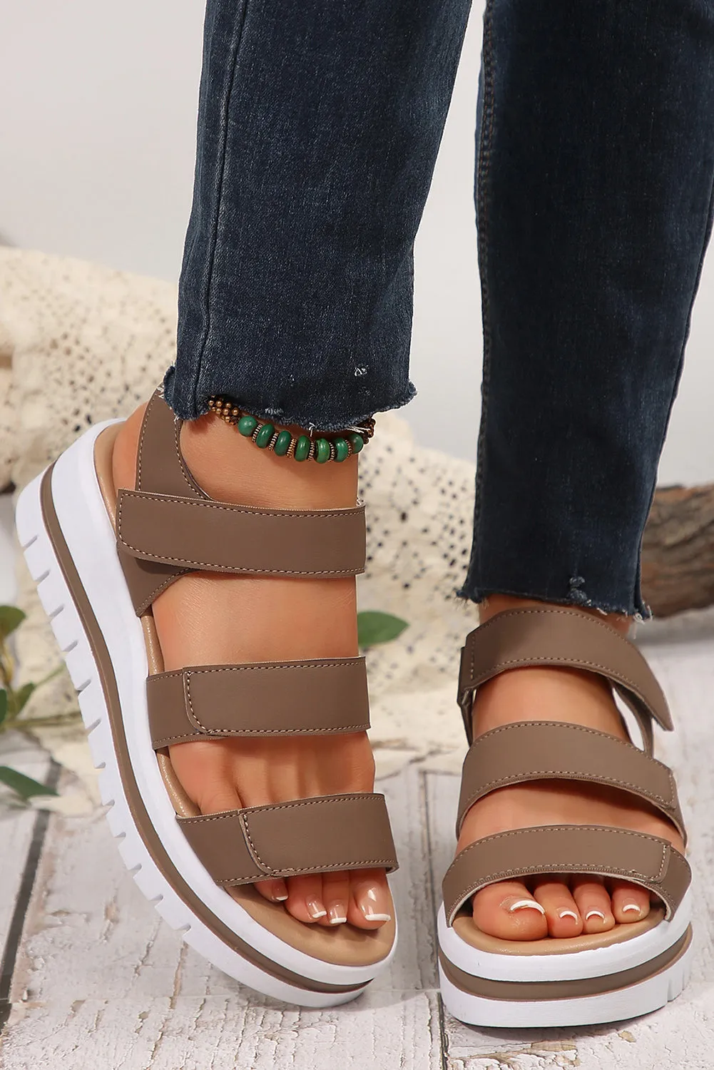 Camel Hollow Out Buckle Leather Platform Sandals