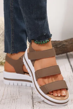 Camel Hollow Out Buckle Leather Platform Sandals