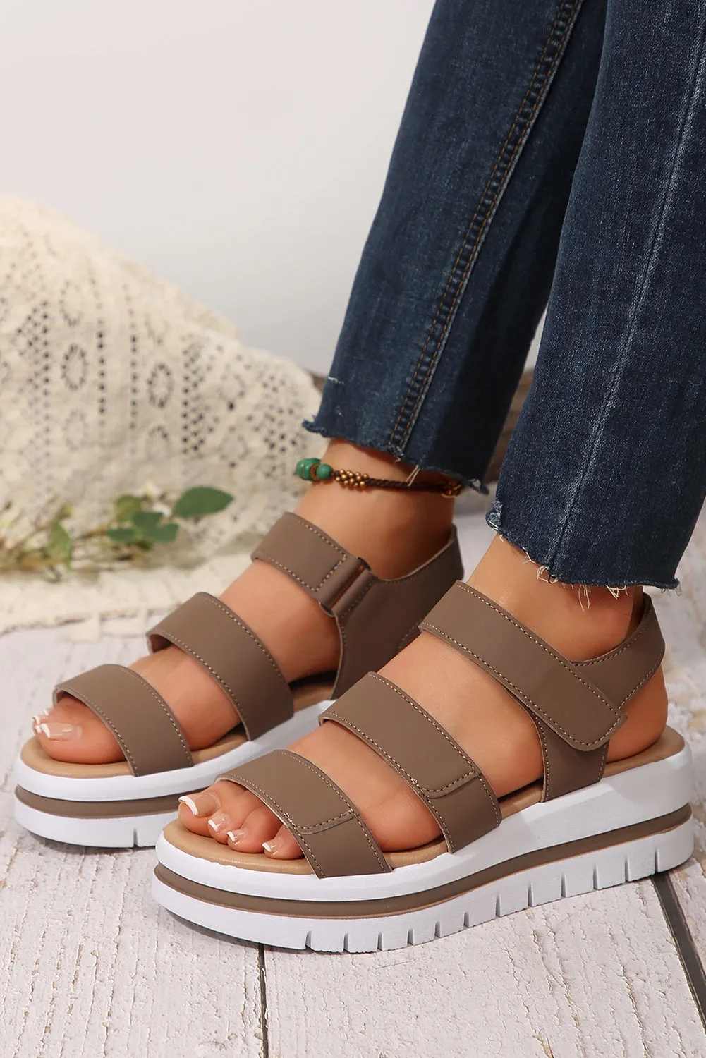 Camel Hollow Out Buckle Leather Platform Sandals