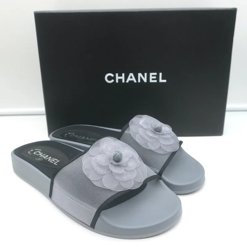 Chanel Mesh Camellia Pool Slide Sandals Gray Size 38 NEW
