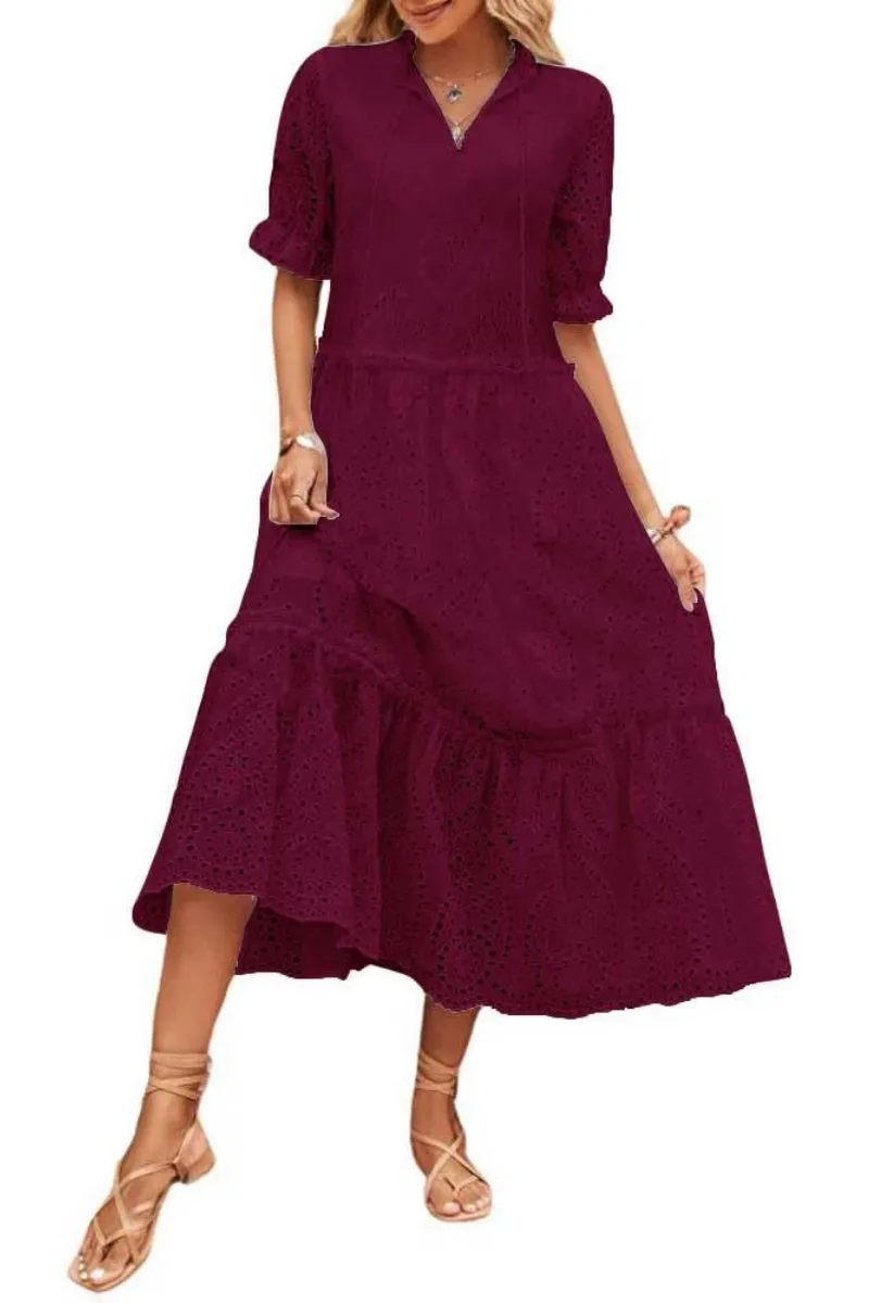 Chouyatou Women's Summer Boho Embroidery Eyelet Dress V-Neck Collared Tiered Midi Tunic Dress