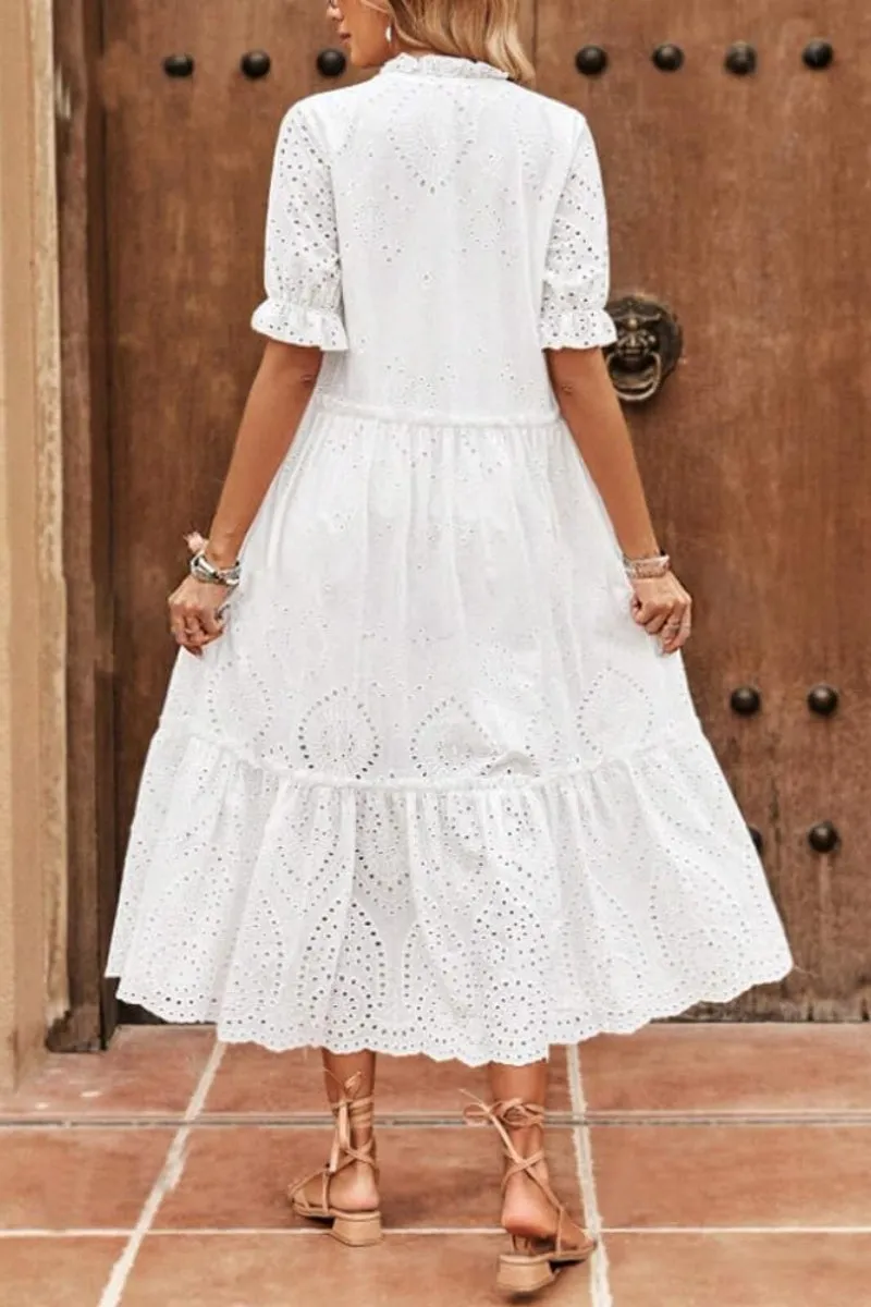 Chouyatou Women's Summer Boho Embroidery Eyelet Dress V-Neck Collared Tiered Midi Tunic Dress