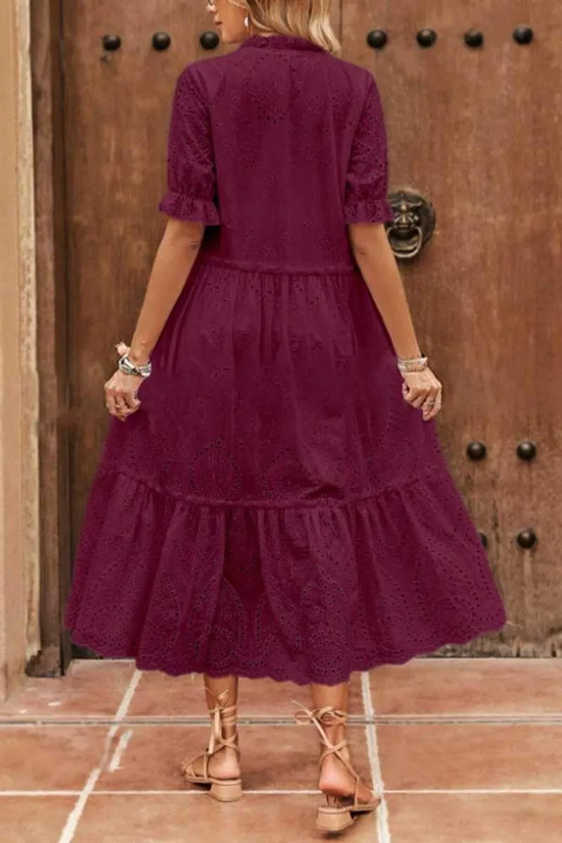 Chouyatou Women's Summer Boho Embroidery Eyelet Dress V-Neck Collared Tiered Midi Tunic Dress