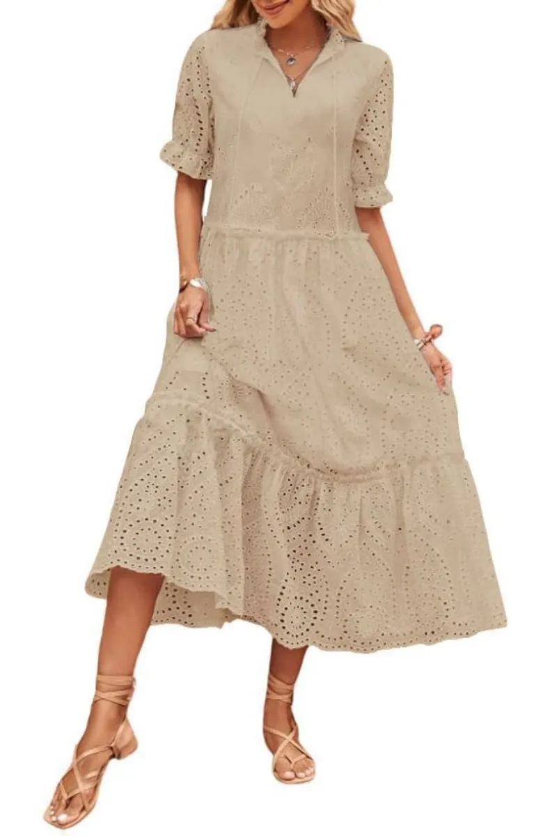 Chouyatou Women's Summer Boho Embroidery Eyelet Dress V-Neck Collared Tiered Midi Tunic Dress