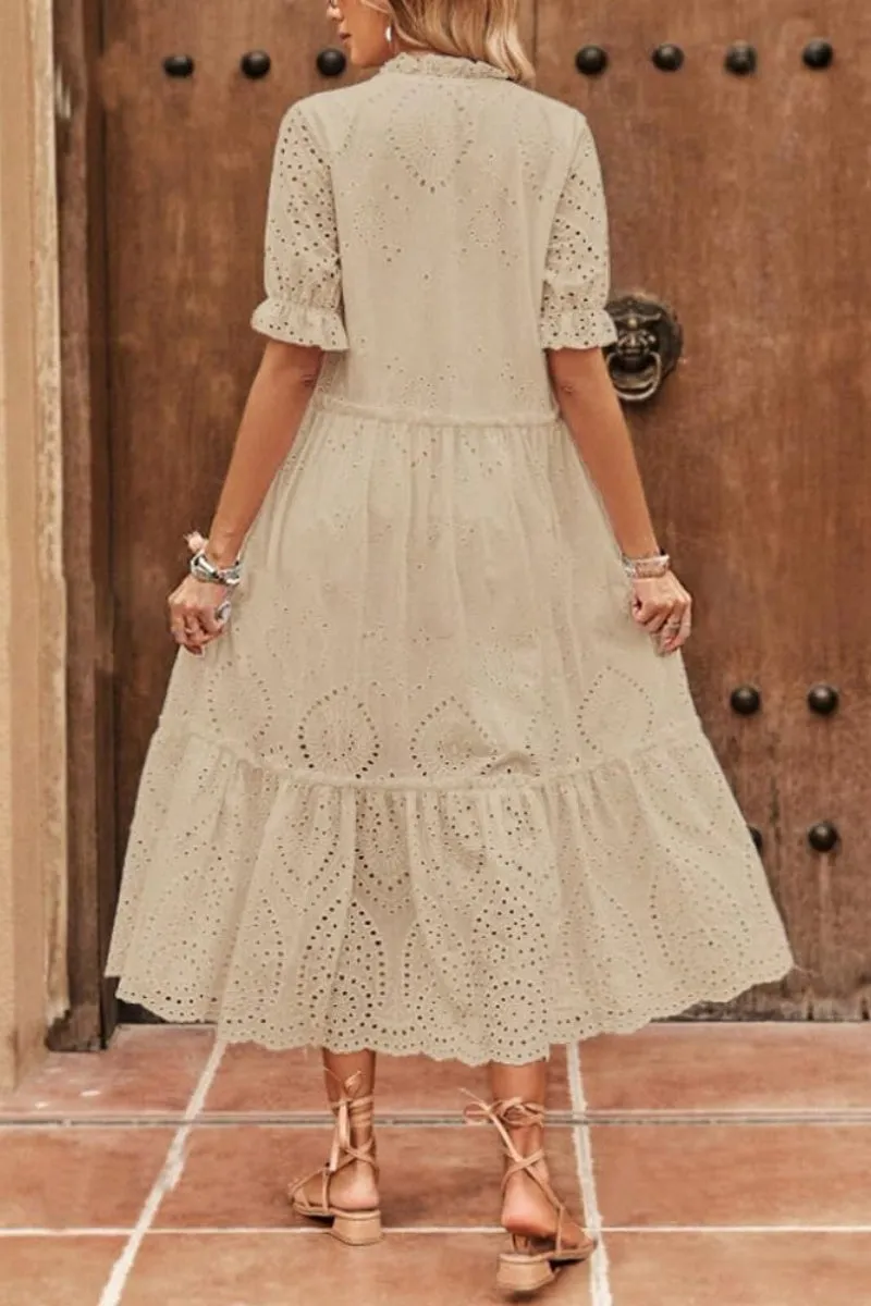 Chouyatou Women's Summer Boho Embroidery Eyelet Dress V-Neck Collared Tiered Midi Tunic Dress