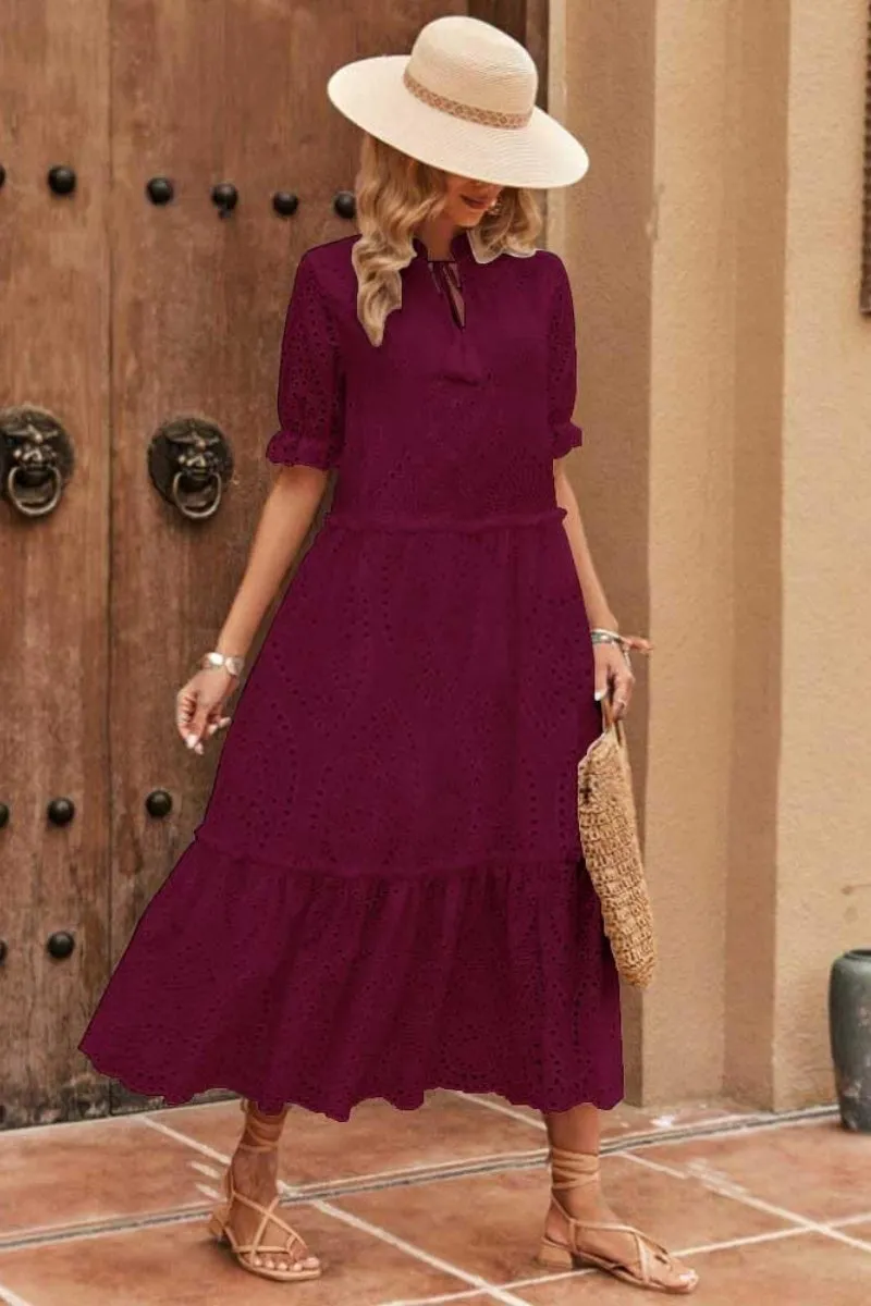 Chouyatou Women's Summer Boho Embroidery Eyelet Dress V-Neck Collared Tiered Midi Tunic Dress