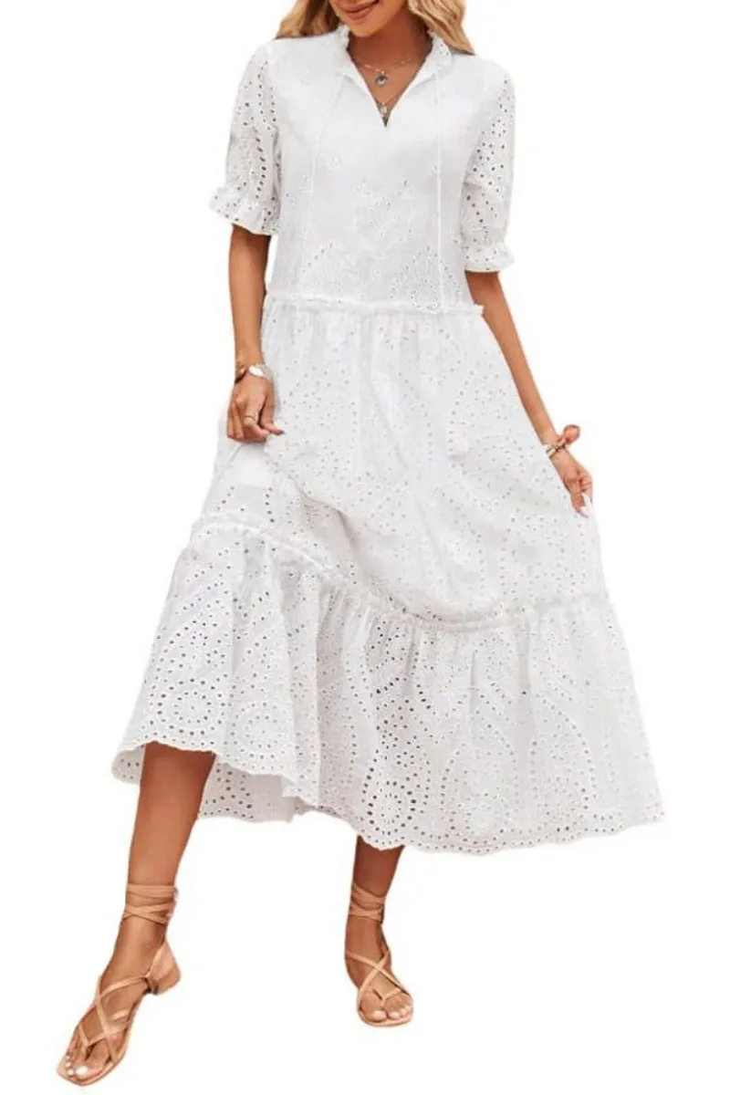 Chouyatou Women's Summer Boho Embroidery Eyelet Dress V-Neck Collared Tiered Midi Tunic Dress