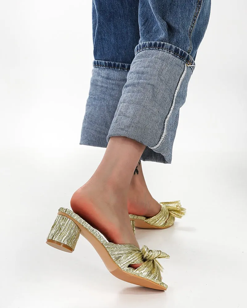 (Clean Up)Pleated Bow Open Toe Chunky Block Heel Sandals