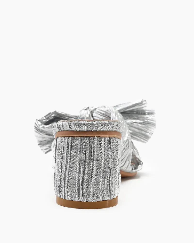 (Clean Up)Pleated Bow Open Toe Chunky Block Heel Sandals
