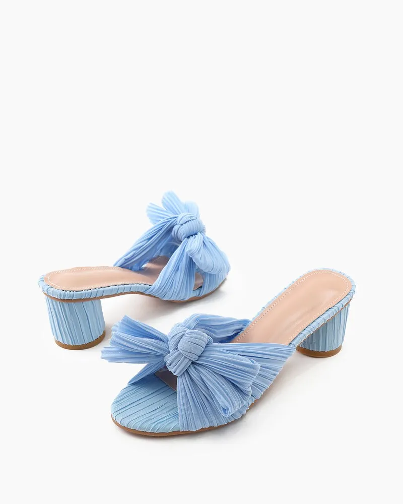 (Clean Up)Pleated Bow Open Toe Chunky Block Heel Sandals