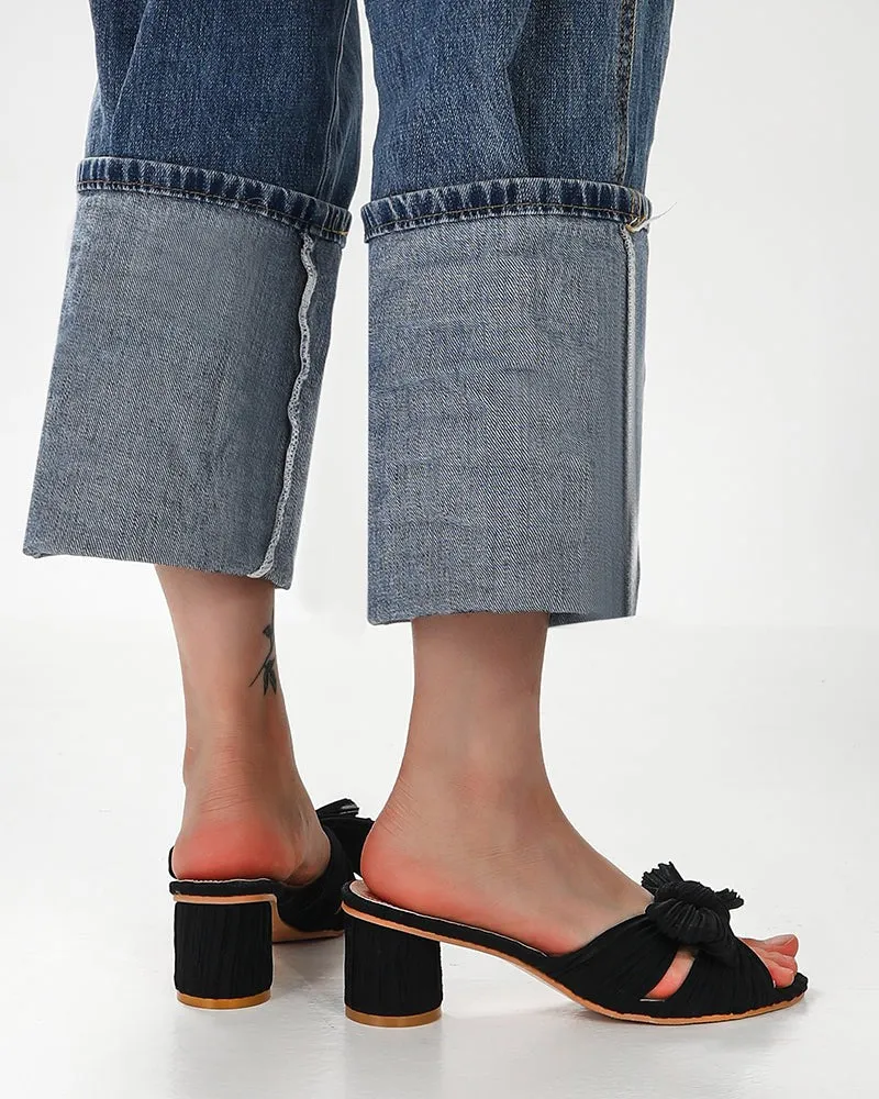 (Clean Up)Pleated Bow Open Toe Chunky Block Heel Sandals